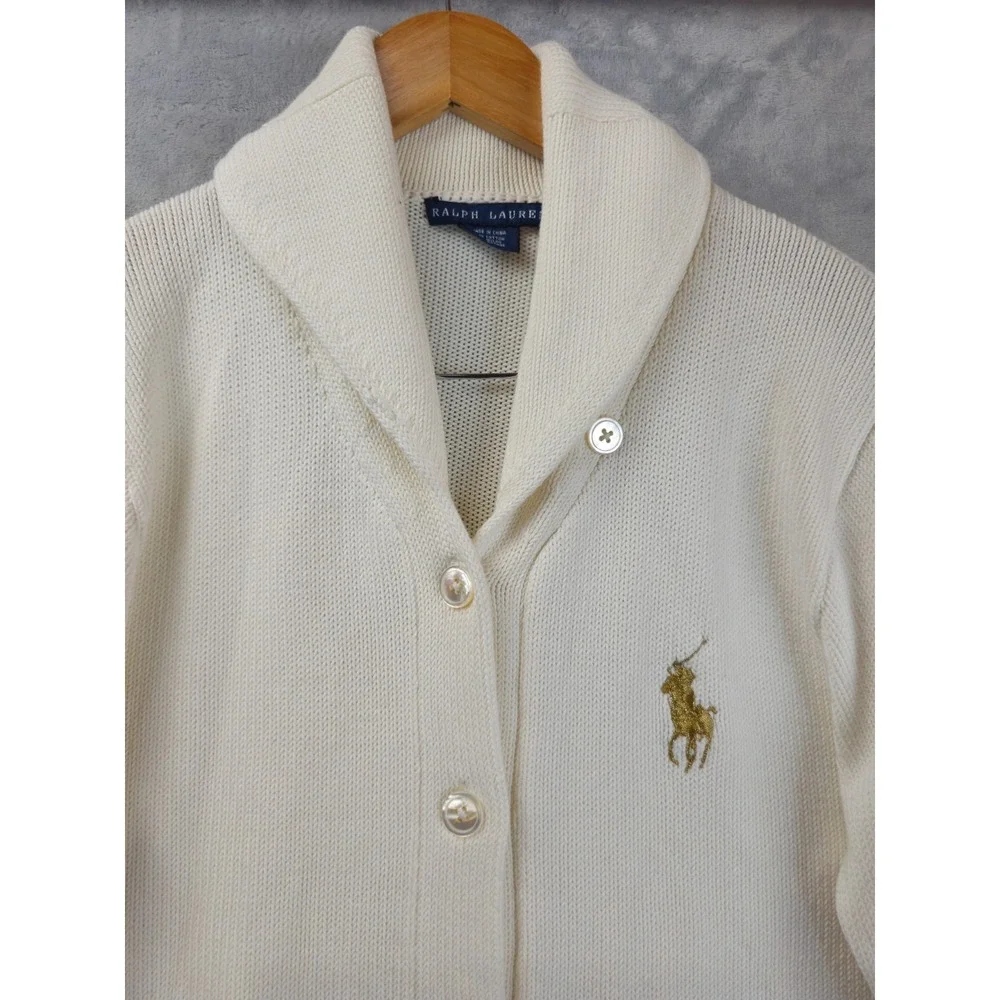 Ralph Lauren Sweater Womens M Cream Cardigan Shawl Collar Pony Long Sleeve Knit - Picture 2 of 5